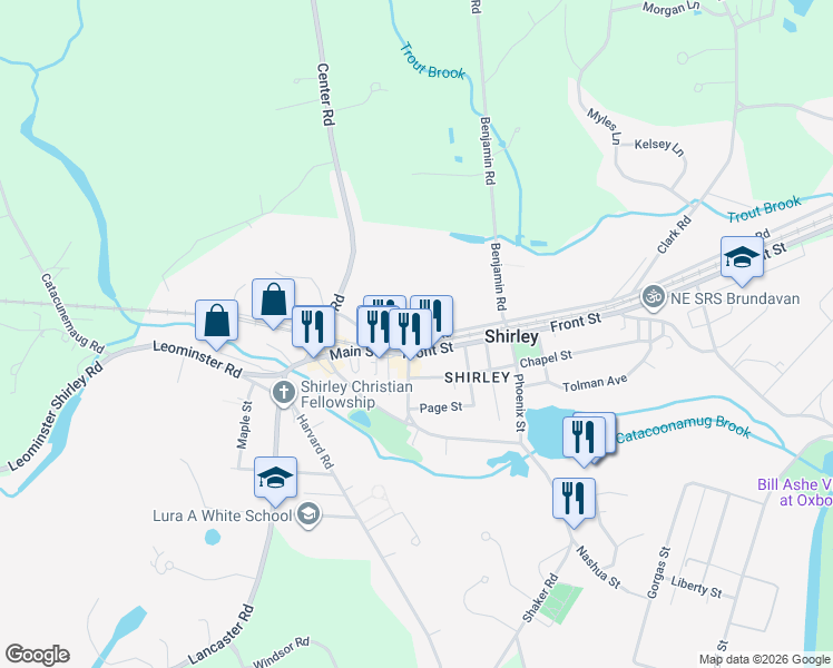 map of restaurants, bars, coffee shops, grocery stores, and more near 14 Front Street in Shirley
