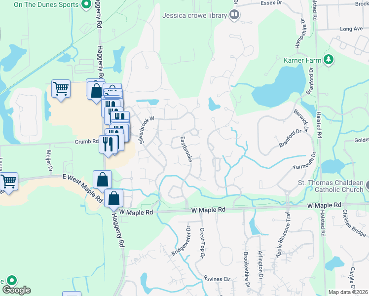 map of restaurants, bars, coffee shops, grocery stores, and more near 6301 Eastbrooke in West Bloomfield Township