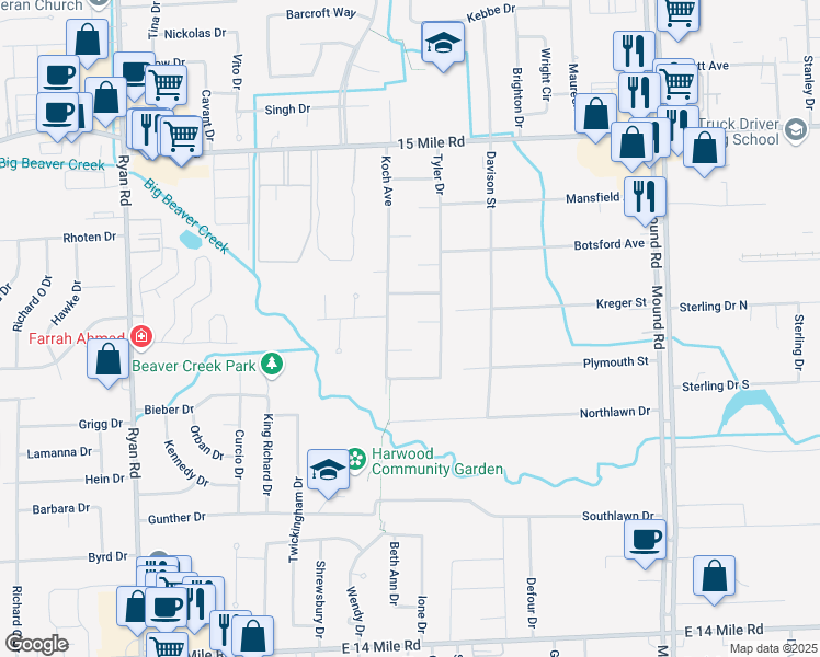 map of restaurants, bars, coffee shops, grocery stores, and more near 4935 Vista Court in Sterling Heights