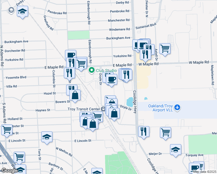 map of restaurants, bars, coffee shops, grocery stores, and more near 1301 Coolidge Highway in Troy