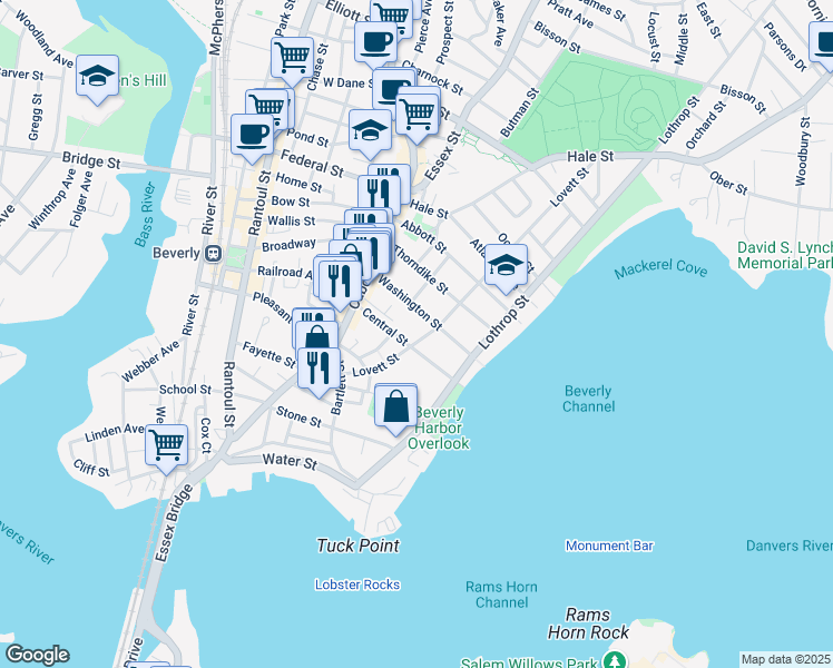 map of restaurants, bars, coffee shops, grocery stores, and more near 27 Central Street in Beverly