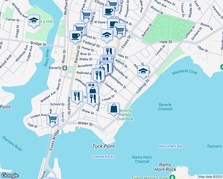 map of restaurants, bars, coffee shops, grocery stores, and more near 13 Central Court in Beverly
