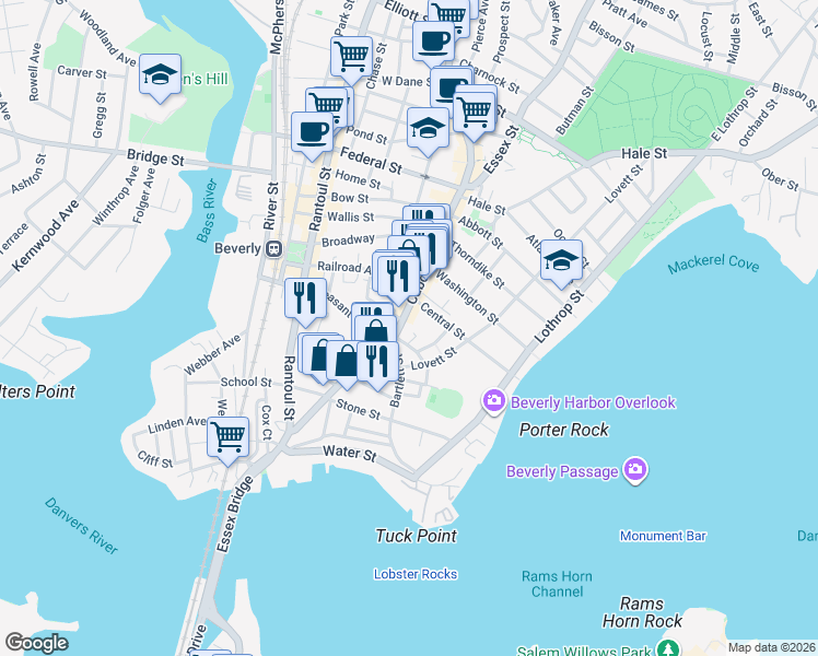 map of restaurants, bars, coffee shops, grocery stores, and more near 83 Cabot Street in Beverly