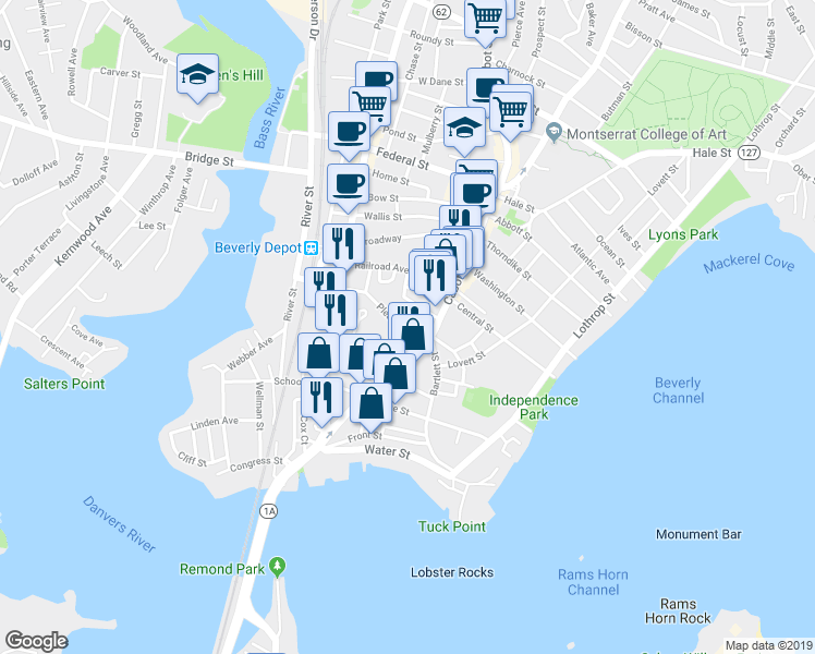 map of restaurants, bars, coffee shops, grocery stores, and more near in Beverly