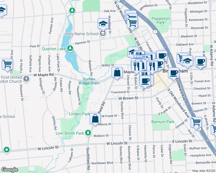 map of restaurants, bars, coffee shops, grocery stores, and more near 400 Southfield Road in Birmingham