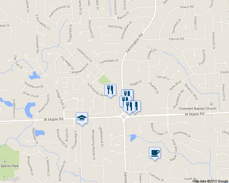 map of restaurants, bars, coffee shops, grocery stores, and more near 6337 Potomac Circle in West Bloomfield Township