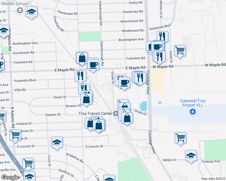 map of restaurants, bars, coffee shops, grocery stores, and more near Doyle Drive in Troy