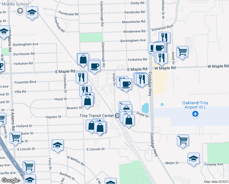 map of restaurants, bars, coffee shops, grocery stores, and more near Doyle Drive in Troy