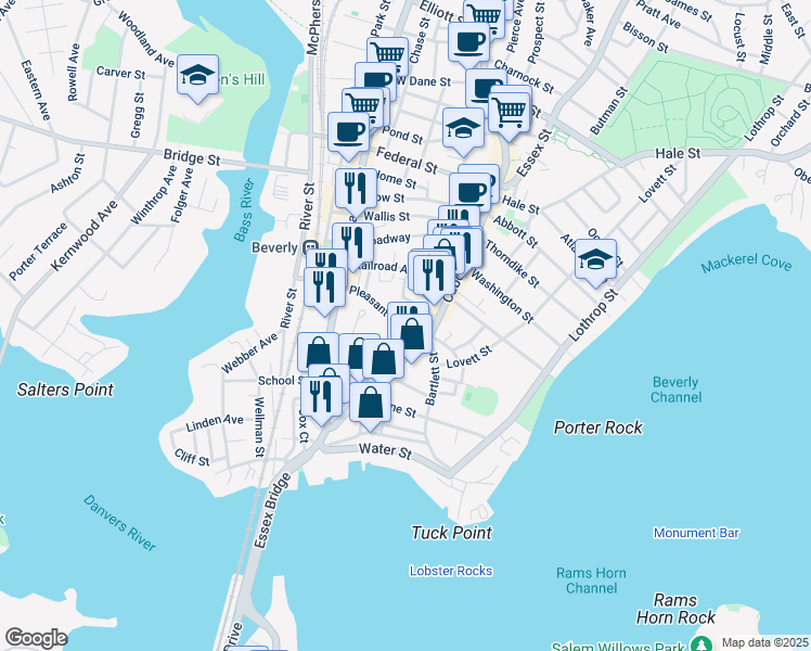 map of restaurants, bars, coffee shops, grocery stores, and more near 11 Pleasant Street in Beverly