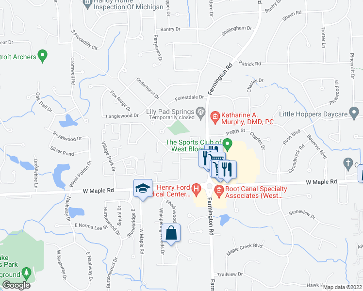 map of restaurants, bars, coffee shops, grocery stores, and more near 5150 Rock Run in West Bloomfield Township