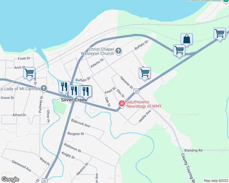 map of restaurants, bars, coffee shops, grocery stores, and more near 19 Hickory Street in Silver Creek
