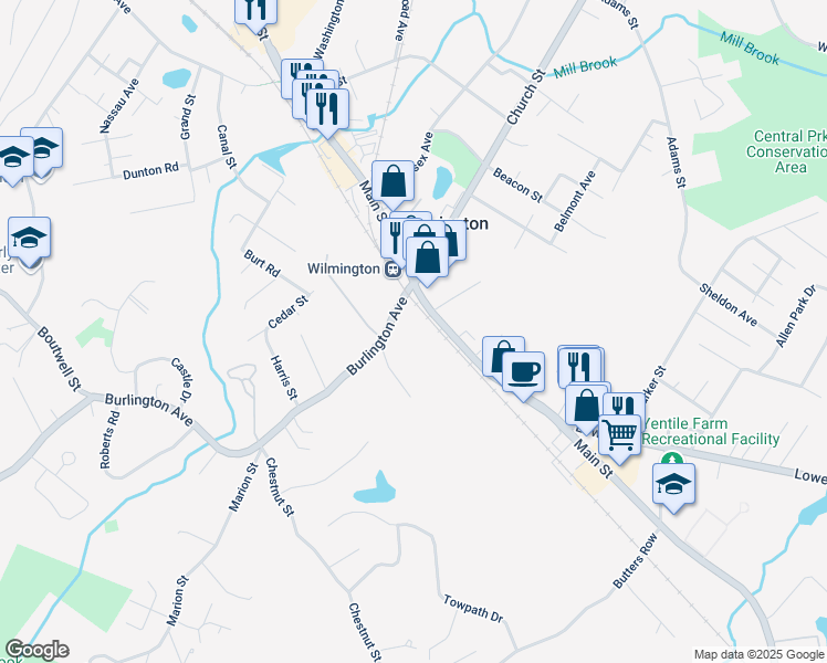 map of restaurants, bars, coffee shops, grocery stores, and more near 10 Burlington Avenue in Wilmington