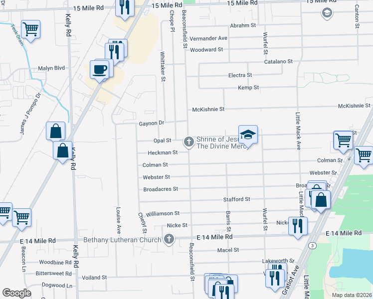 map of restaurants, bars, coffee shops, grocery stores, and more near 19619 Heckman Street in Charter Township of Clinton