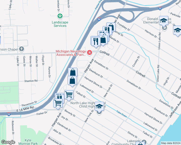 map of restaurants, bars, coffee shops, grocery stores, and more near 23220 Deanhurst Street in Clinton Township