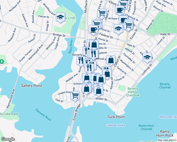 map of restaurants, bars, coffee shops, grocery stores, and more near 60 Rantoul Street in Beverly