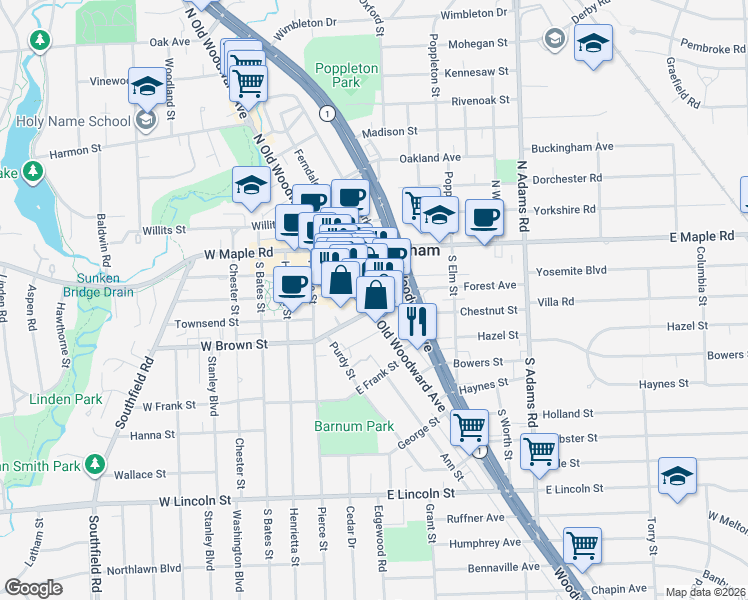 map of restaurants, bars, coffee shops, grocery stores, and more near in Birmingham