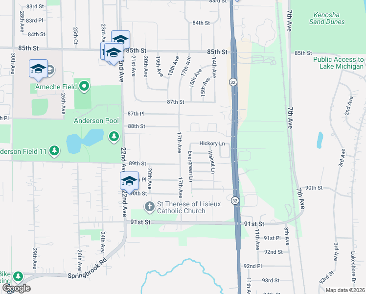 map of restaurants, bars, coffee shops, grocery stores, and more near 8865 17th Avenue in Kenosha