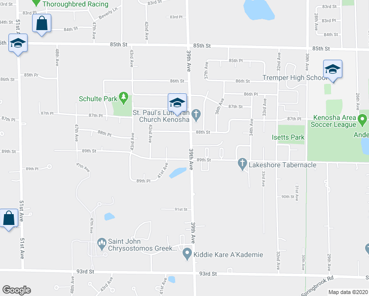 map of restaurants, bars, coffee shops, grocery stores, and more near 8852 39th Avenue in Kenosha