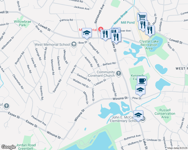 map of restaurants, bars, coffee shops, grocery stores, and more near 2 Antrim Road in Peabody