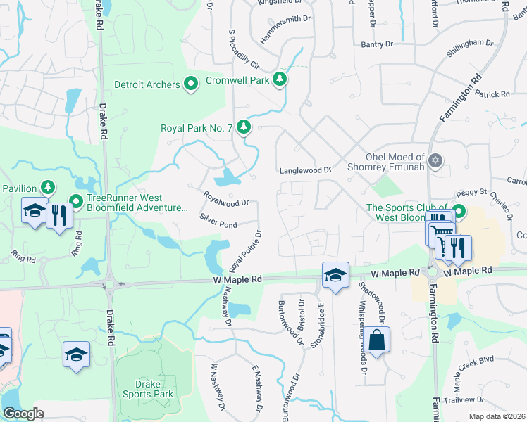 map of restaurants, bars, coffee shops, grocery stores, and more near 6346 Royal Pointe Drive in West Bloomfield Township