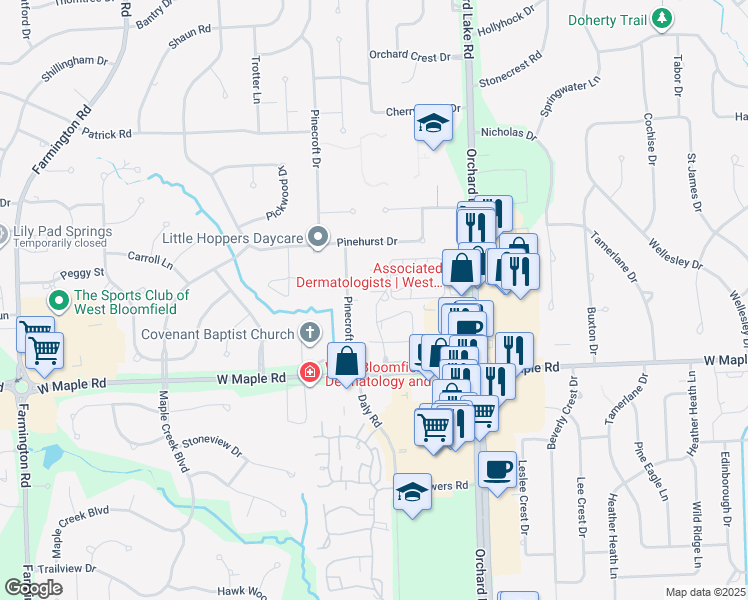 map of restaurants, bars, coffee shops, grocery stores, and more near 6332 Aspen Ridge Boulevard in West Bloomfield Township