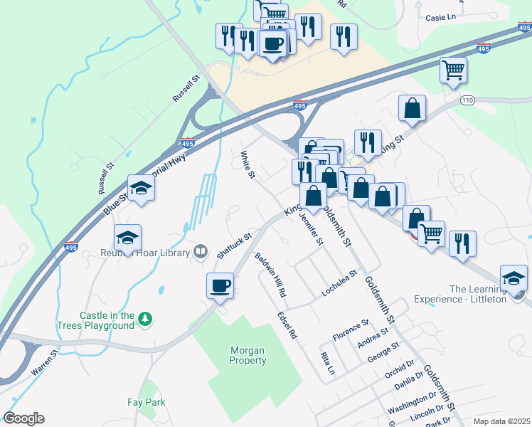 map of restaurants, bars, coffee shops, grocery stores, and more near 423 King Street in Littleton