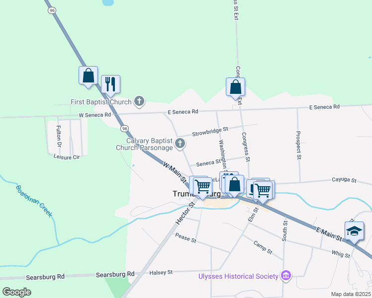map of restaurants, bars, coffee shops, grocery stores, and more near 34 Seneca St in Trumansburg