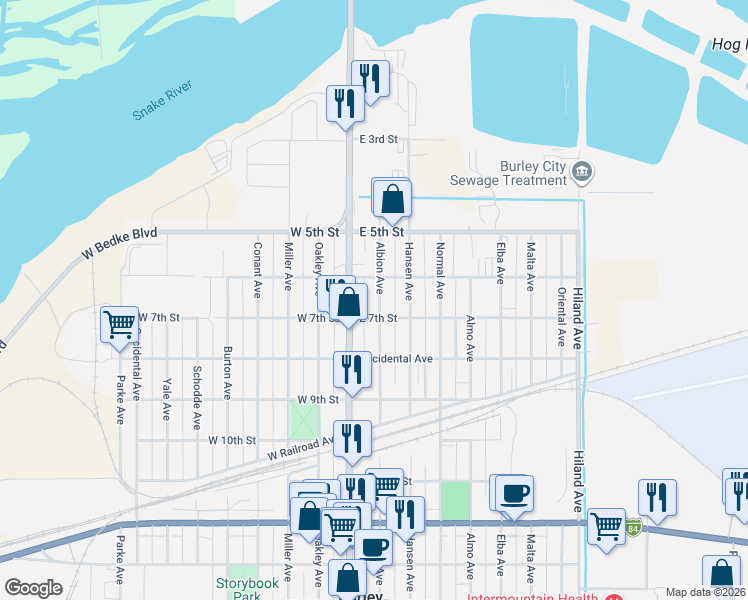 map of restaurants, bars, coffee shops, grocery stores, and more near 701 Albion Avenue in Burley