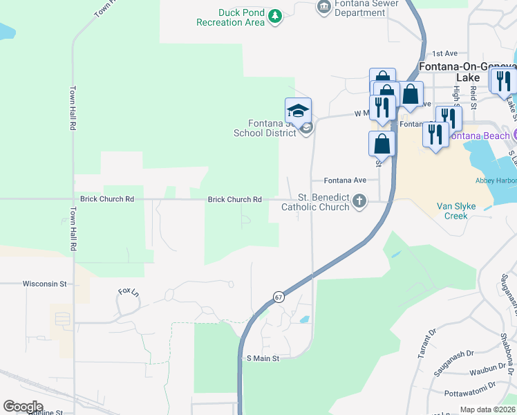 map of restaurants, bars, coffee shops, grocery stores, and more near N1474 Fontana Ridge Road in Fontana-on-Geneva Lake