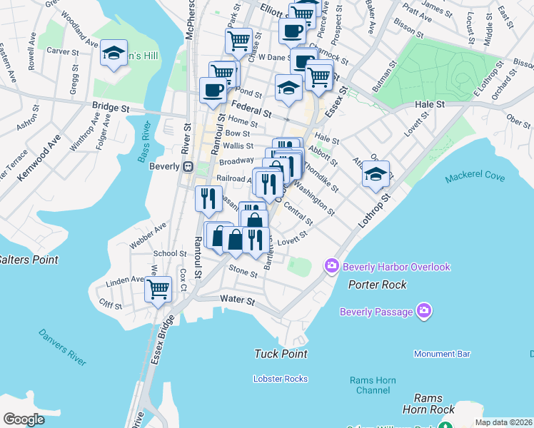 map of restaurants, bars, coffee shops, grocery stores, and more near 83 Cabot Street in Beverly