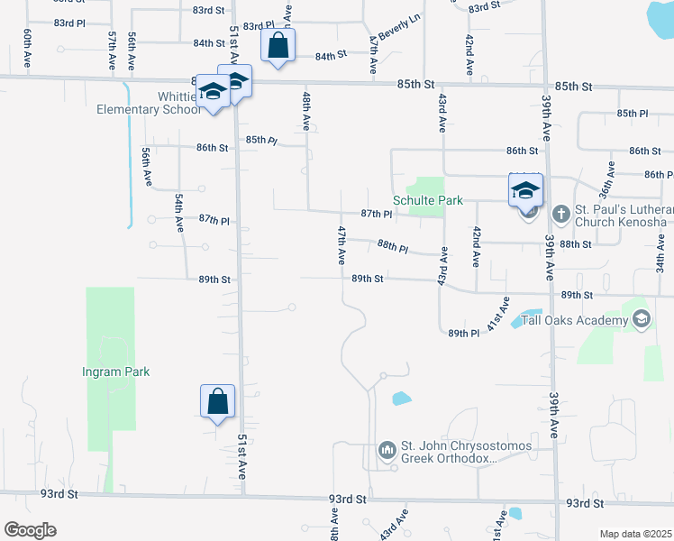 map of restaurants, bars, coffee shops, grocery stores, and more near 4623 89th Street in Kenosha