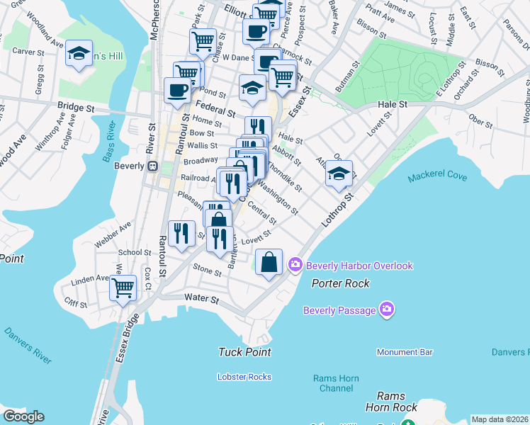 map of restaurants, bars, coffee shops, grocery stores, and more near 13 Central Court in Beverly