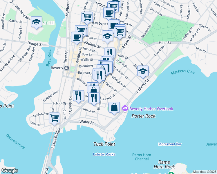 map of restaurants, bars, coffee shops, grocery stores, and more near 13 Central Court in Beverly