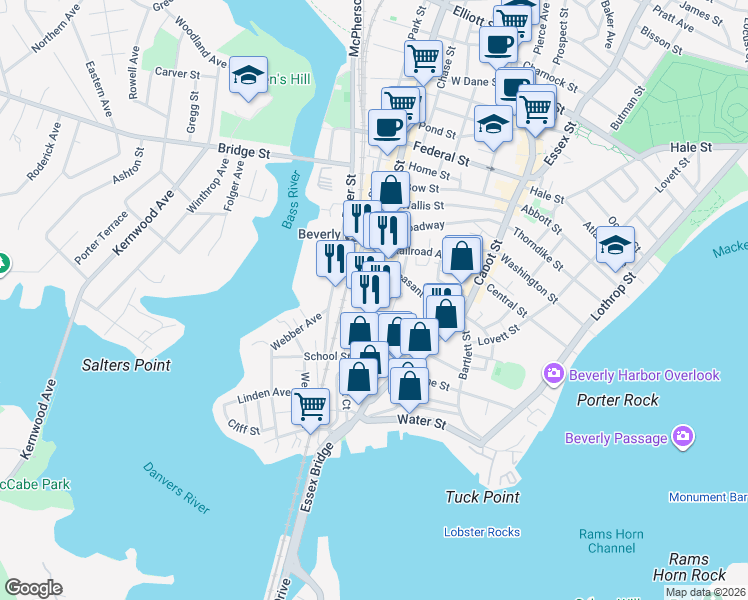 map of restaurants, bars, coffee shops, grocery stores, and more near 0 Beverly Commons Drive in Beverly