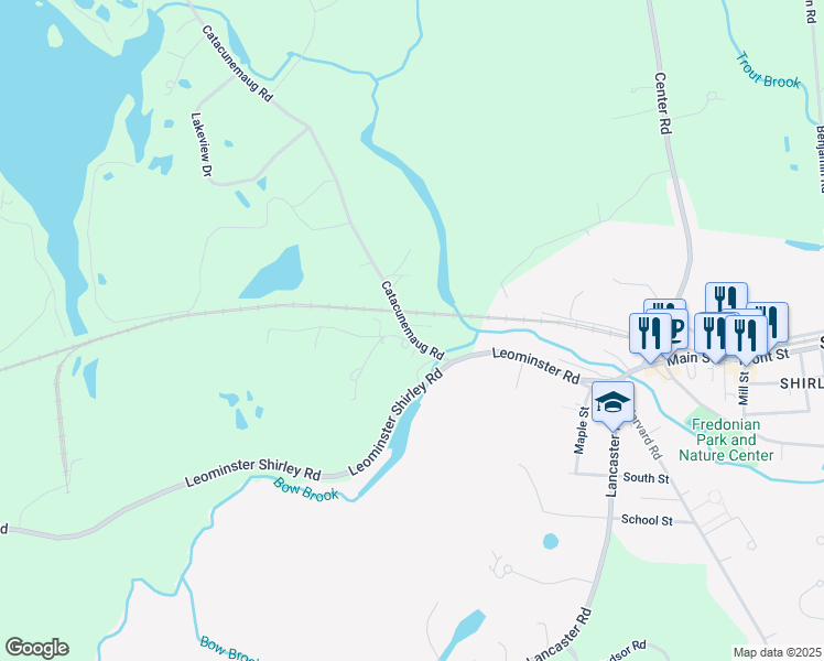 map of restaurants, bars, coffee shops, grocery stores, and more near 55 Leominster Road in Shirley