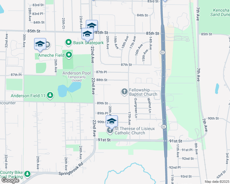 map of restaurants, bars, coffee shops, grocery stores, and more near 1808 89th Street in Kenosha