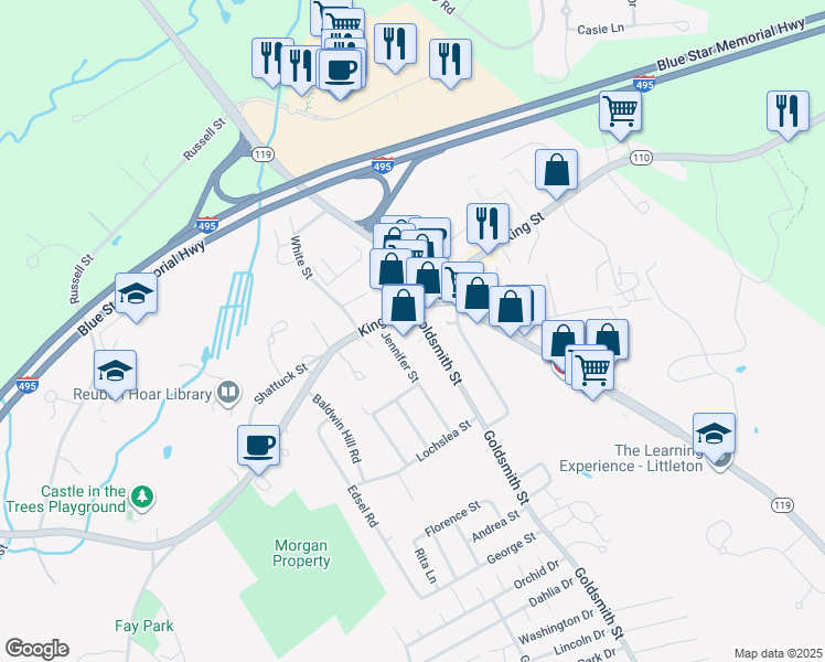 map of restaurants, bars, coffee shops, grocery stores, and more near 9 Goldsmith Street in Littleton