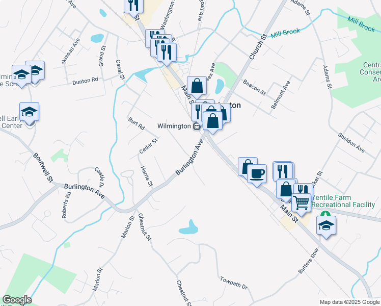 map of restaurants, bars, coffee shops, grocery stores, and more near 17 Burlington Avenue in Wilmington