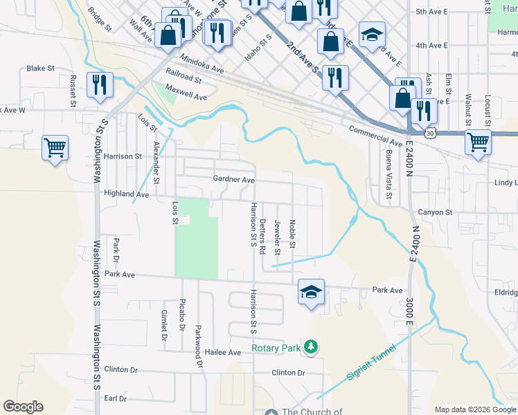 map of restaurants, bars, coffee shops, grocery stores, and more near 356 Watchmaker Street in Twin Falls