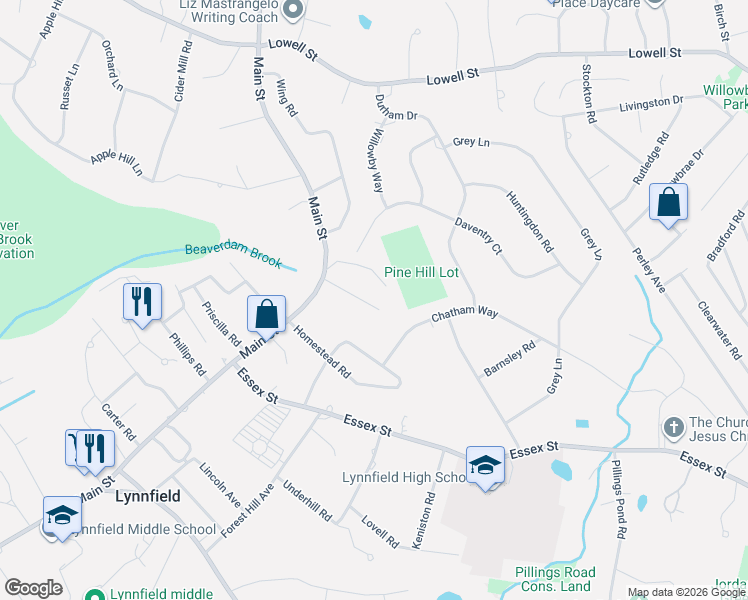 map of restaurants, bars, coffee shops, grocery stores, and more near 12 Ivanhoe Drive in Lynnfield