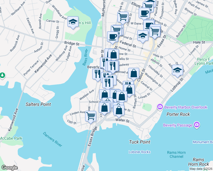 map of restaurants, bars, coffee shops, grocery stores, and more near 98 Rantoul Street in Beverly