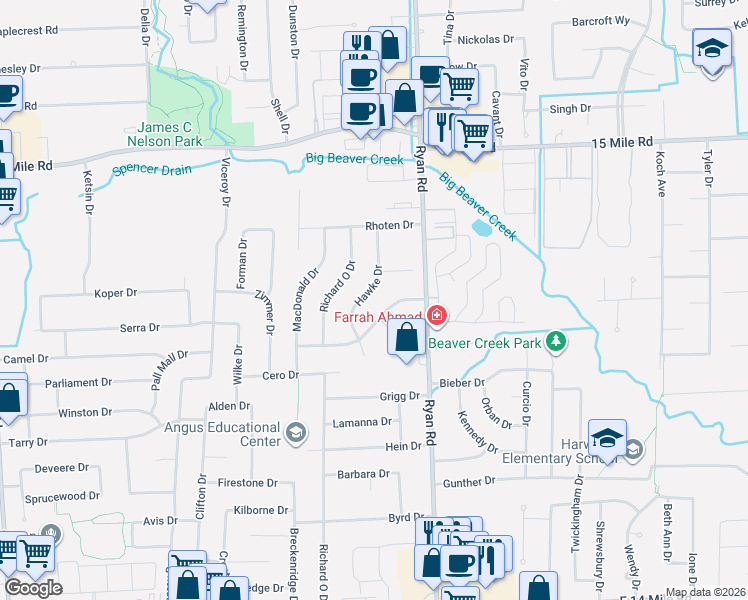 map of restaurants, bars, coffee shops, grocery stores, and more near 34567 Hawke Drive in Sterling Heights