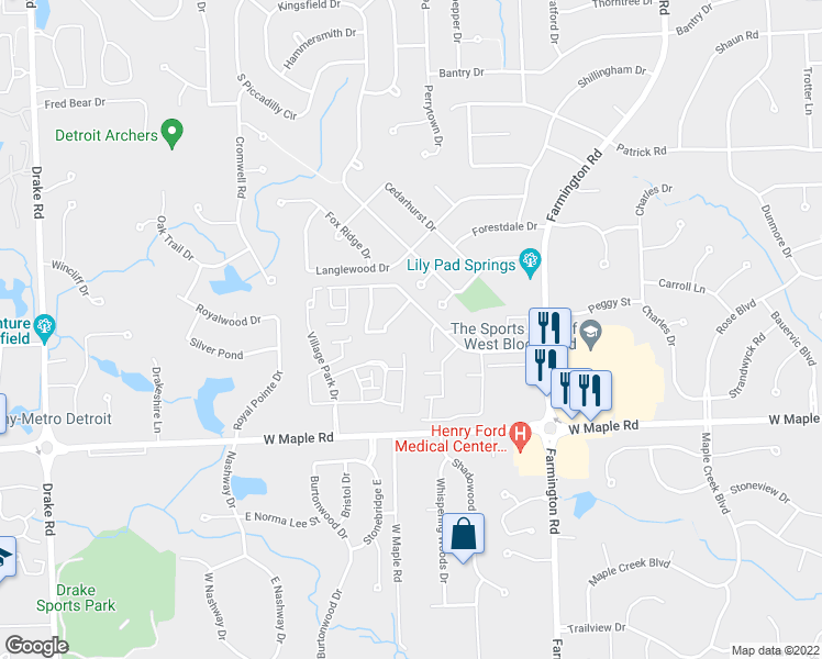 map of restaurants, bars, coffee shops, grocery stores, and more near 5149 Kingsfield Court in West Bloomfield Township
