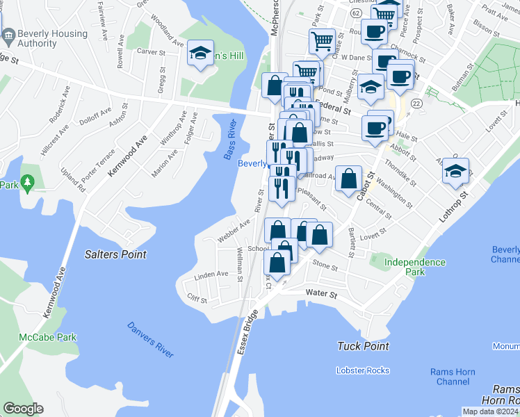 map of restaurants, bars, coffee shops, grocery stores, and more near 27 River Street in Beverly