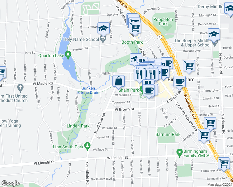 map of restaurants, bars, coffee shops, grocery stores, and more near 566 West Merrill Street in Birmingham