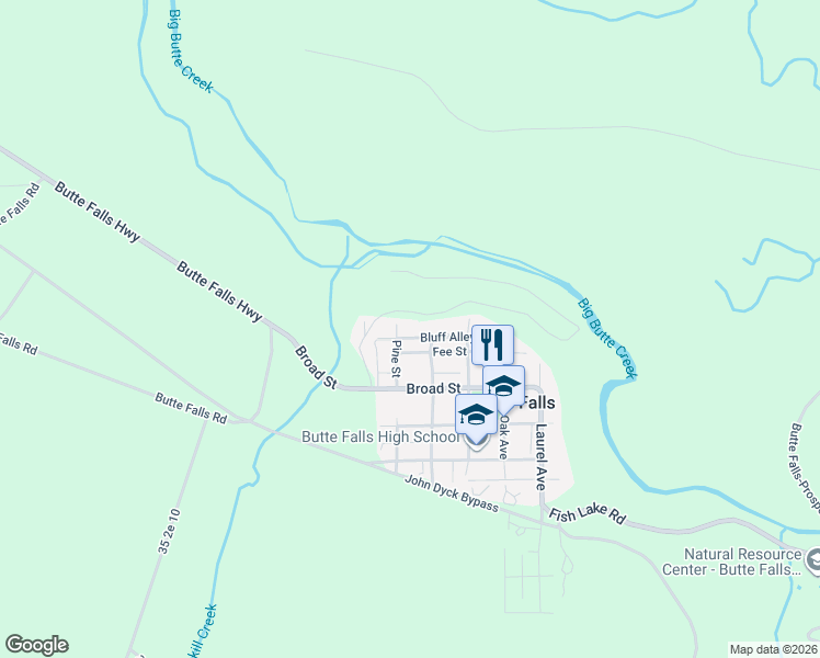 map of restaurants, bars, coffee shops, grocery stores, and more near 218 Bluff Alley in Butte Falls