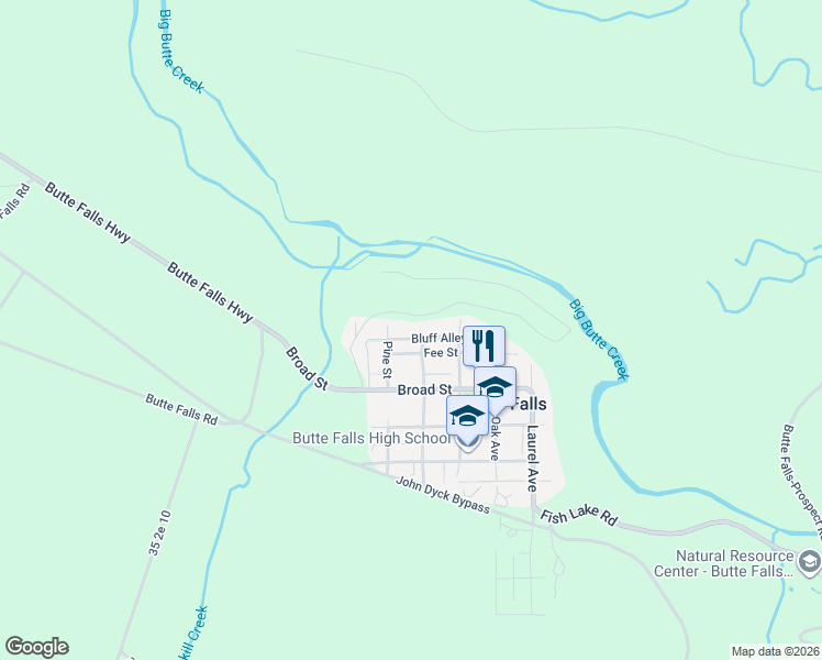 map of restaurants, bars, coffee shops, grocery stores, and more near 218 Bluff Alley in Butte Falls