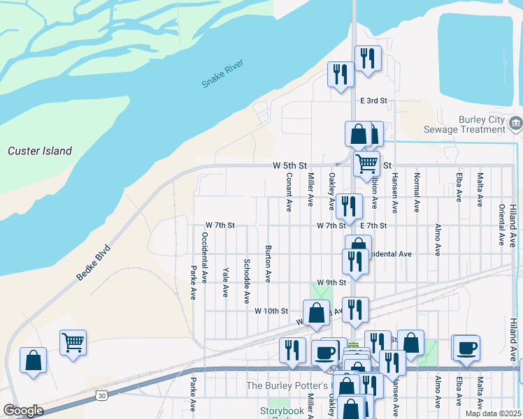 map of restaurants, bars, coffee shops, grocery stores, and more near 500-600 Burton Avenue in Burley