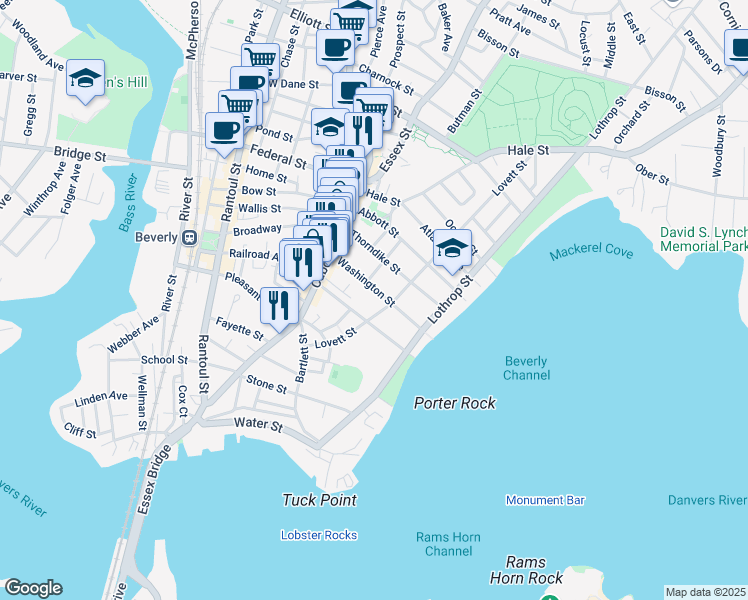map of restaurants, bars, coffee shops, grocery stores, and more near 16 Washington Street in Beverly