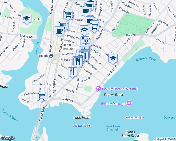 map of restaurants, bars, coffee shops, grocery stores, and more near 125 Cabot Street in Beverly